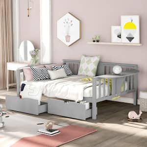 Gray Full Size Daybed with 2-Drawers, Wood Slat Support