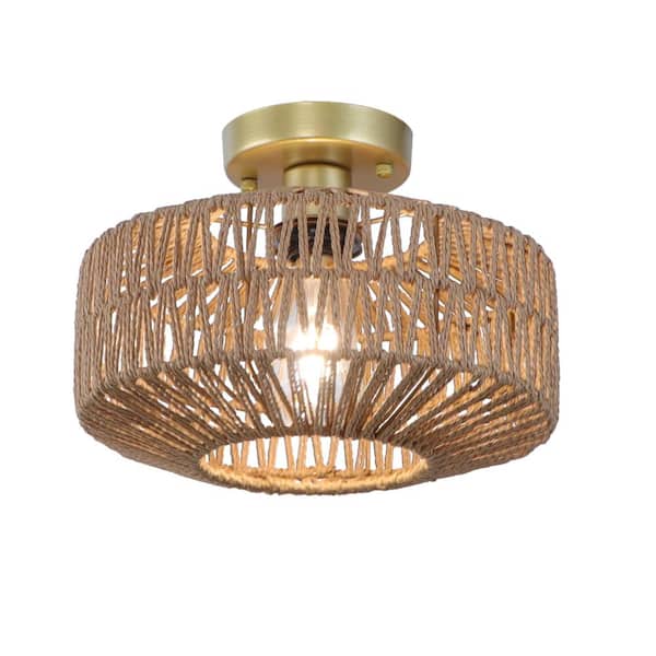 Unbranded 12 in. 1-Light Bohemian Gold Rattan Semi Flush Mount Ceiling Light for Dining Room Foyer Entrance Kitchen Bedroom