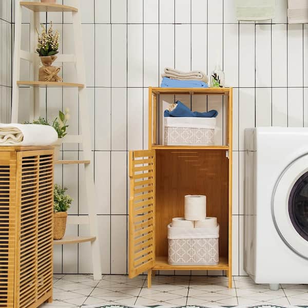 Burlywood Bamboo Wood Bathroom Storage Floor Cabinet w/Door and Shelf Corner Cabinet