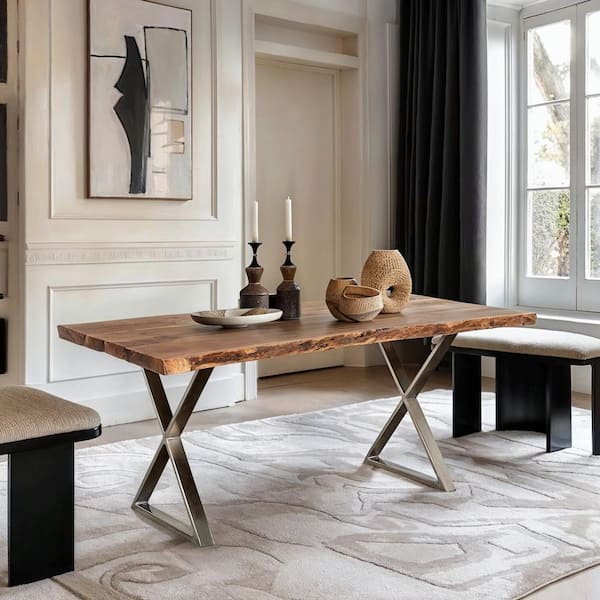 PRIMO INTERNATIONAL Sutherland 70 in. Natural Acacia Solid Wood Rectangle Dining Table w/ Chrome X-Shaped Legs Seats 6
