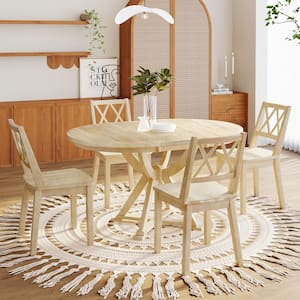 5-Piece Round Natural Wood Top Extendable Dining Table Set with 15.7 in. Removable Leaf, 4 Cross Back Chairs