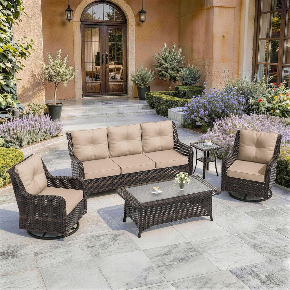 7-Piece Wicker Patio Conversation Set with Thick Wicker, 2 Swivel Chairs, Fire Pit Table and Cushion Khaki for Yard