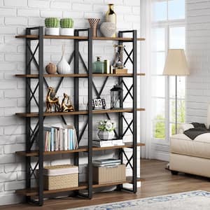 Earlimart 70.9 in. Brown Wood Double Wide 5-Tier Bookcase, Etagere Large Open Bookshelf Furniture for Home Office