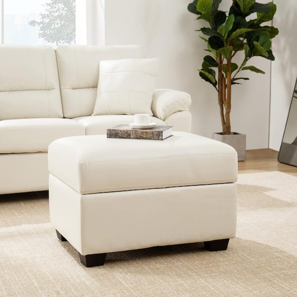 Modern White Rectangle Faux Leather Ottoman with Storage, Footrest Stool Coffee Table for Living Room