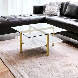 32 in. Gold Square Glass Coffee Table with Shelves Storage