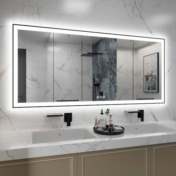 MYCASS 72 in. W x 32 in. H Wall Anti-Fog Dimmable Backlit Dual LED Bathroom Vanity Mirror in Matte Black