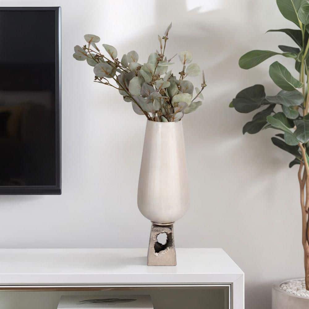 Pearl White Glass Vase with Metal Base, 19" Tall