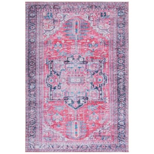 Serapi Navy/Red 4 ft. x 6 ft. Machine Washable Border Floral Area Rug