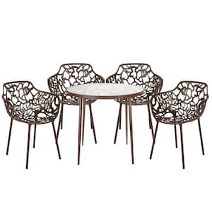 Devon Modern 5-Piece Aluminum Outdoor Dining Set with Glass Top Table and 4 Stackable Flower Design Arm Chairs (Brown)