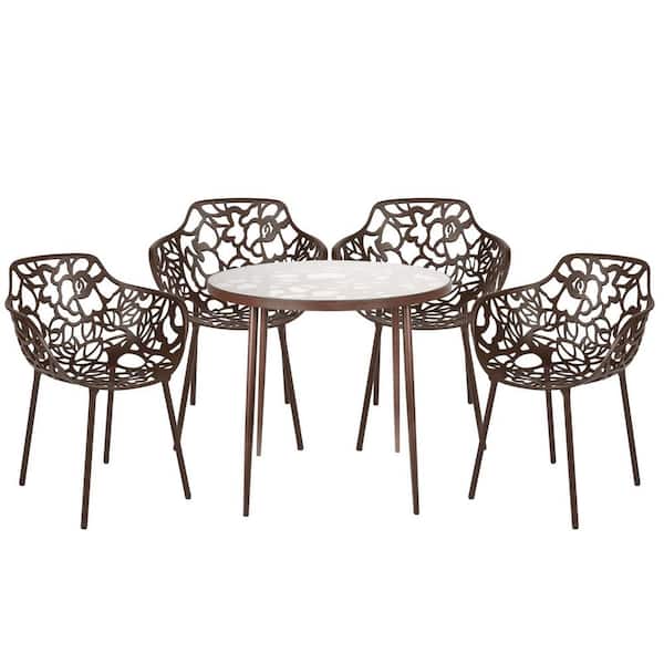 Leisuremod Devon Modern 5-Piece Aluminum Outdoor Dining Set with Glass Top Table and 4 Stackable Flower Design Arm Chairs (Brown)