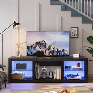 70 in. Black Marble Color TV Stand Fits TV's up to 75 in. with Tempered Glass Shelves LED Lights and Large Open Storage