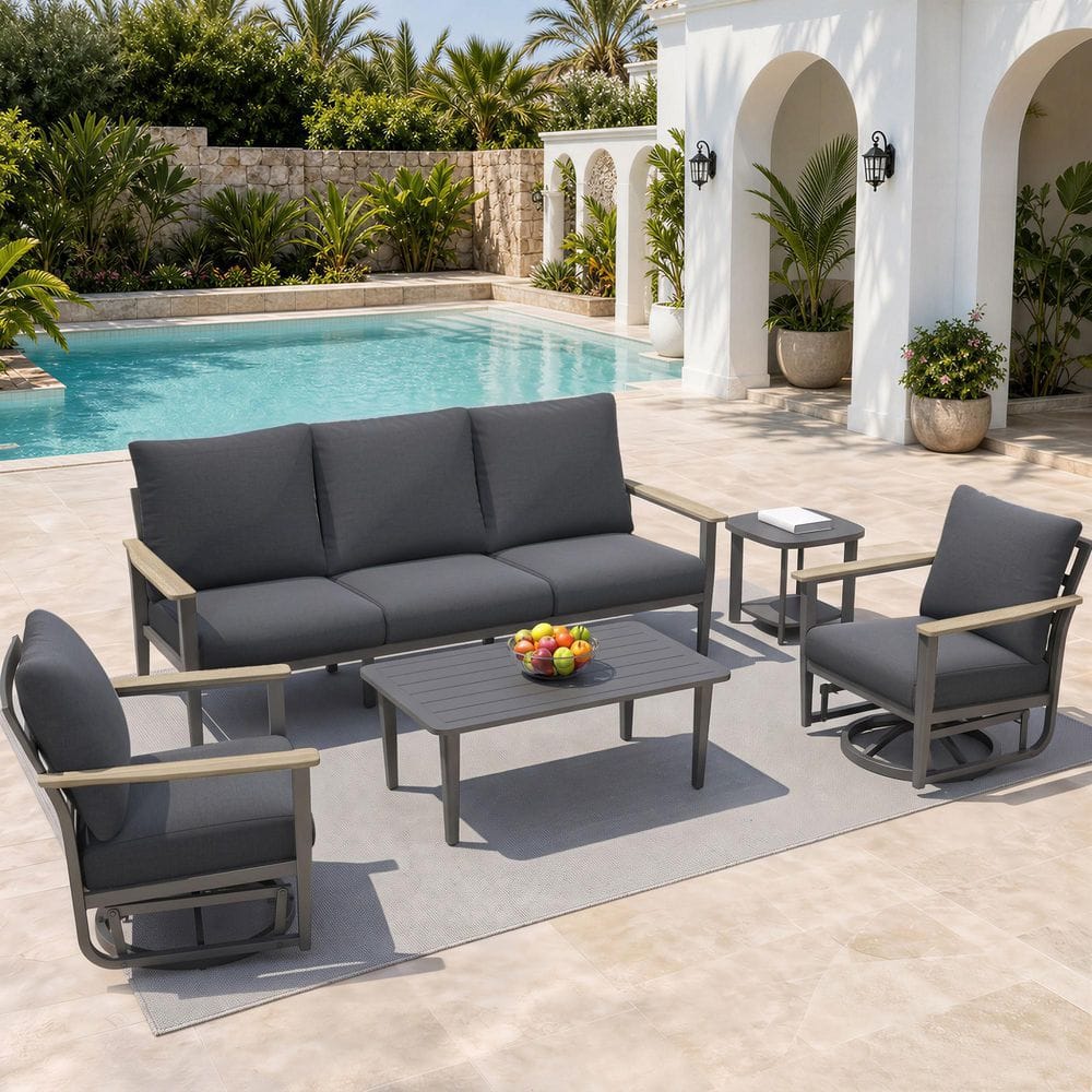Modern Powder-Coated Aluminum 5-Piece Patio Conversation Set with Swivel Rocking Chairs and Dark Gray Olefin Cushions price history on PriceWatchPro