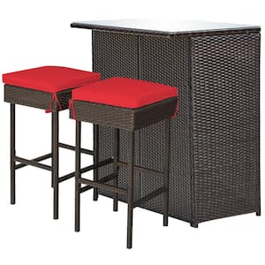 3-Piece Wicker Rectangular 41.5 in. Outdoor Serving Bar Set with Red Cushions