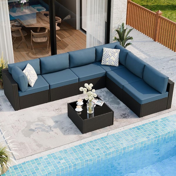 Celebalcony 7-Piece Wicker Outdoor Sectional Sofa Set with Navy