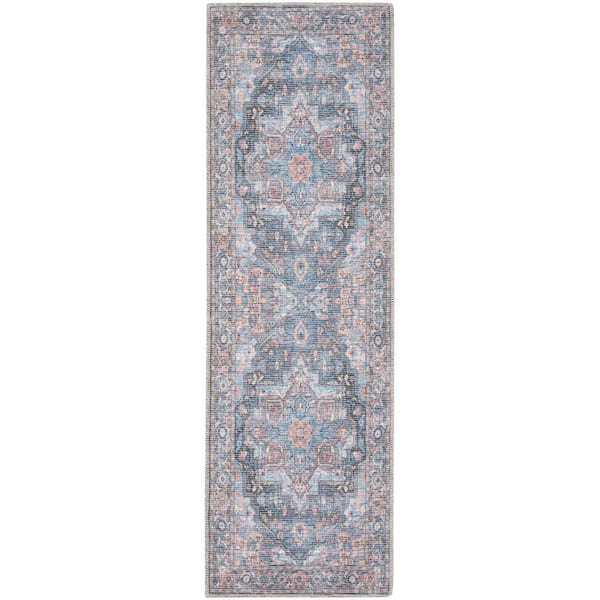 57 GRAND BY NICOLE CURTIS 57 Grand Machine Washable Light Blue Multi 2 ft. x 8 ft. Floral Traditional Kitchen Runner Area Rug