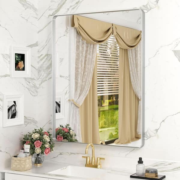 Apmir 28 in. W x 36 in. H Rectangular Aluminum Alloy Framed and Tempered Glass Wall Bathroom Vanity Mirror in Brushed Silver