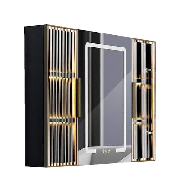 tunuo 39.4 in. W x 30 in. H Rectangular Black LED Light Anti-Fog Aluminum Surface Mount Medicine Cabinet with Mirror