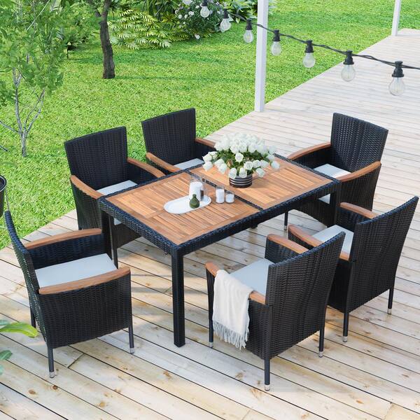 Sunfurnn Black 7 Piece Pe Rattan Wicker, Wooden Table And Chair Set Outdoor