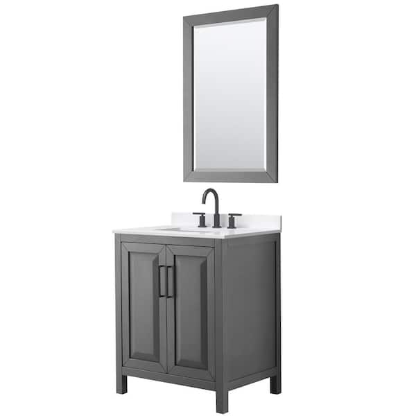 Wyndham Collection Daria 30 in. W. x 22 in. D x 35.75 in. H Single Bath Vanity in Dark Gray with White Quartz Top and 24 in. Mirror
