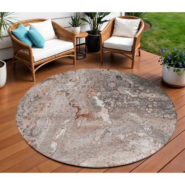HomeRoots Terra Cotta, Copper, Gray 8 ft.  RoundWoven Abstract Polyester Round Indoor / Outdoor Area Rug
