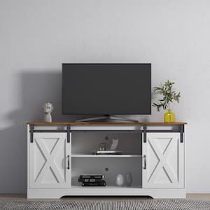 Modern TV Stand Fits TV's up to 65 in. with Adjustable Shelves for TVs Up to 65 in., Distressed White and Rust