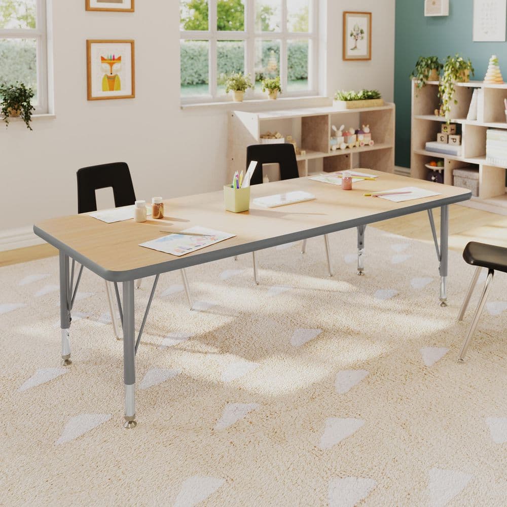 Wren Adjustable Light Natural Top/Silver Frame Rectangle Kids Activity Table with Thermal Laminate Top for 4