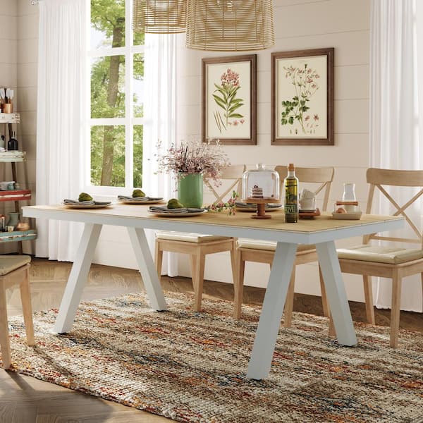 Wood Grain and Light Gray Wood 86.6 in. Width 4 Legs InDoor OutDoor Dining Table with Rust-Resistant Legs for 6 Seats