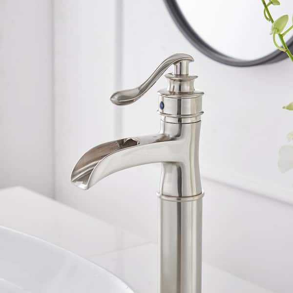 BWE Commercial Bathroom Vessel Sink Faucet Waterfall Single Handle One Hole Tall Body Deck Mount Brushed Nickel 