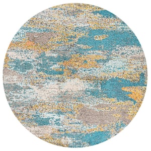 Contemporary Pop Modern Abstract Vintage Waterfall Blue/Brown/Orange 5 ft. Round Area Rug
