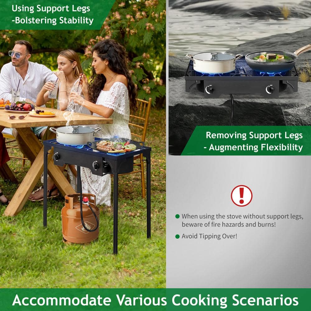 Black Cast Iron 2-Burner Outdoor Propane Gas Stove with Stand