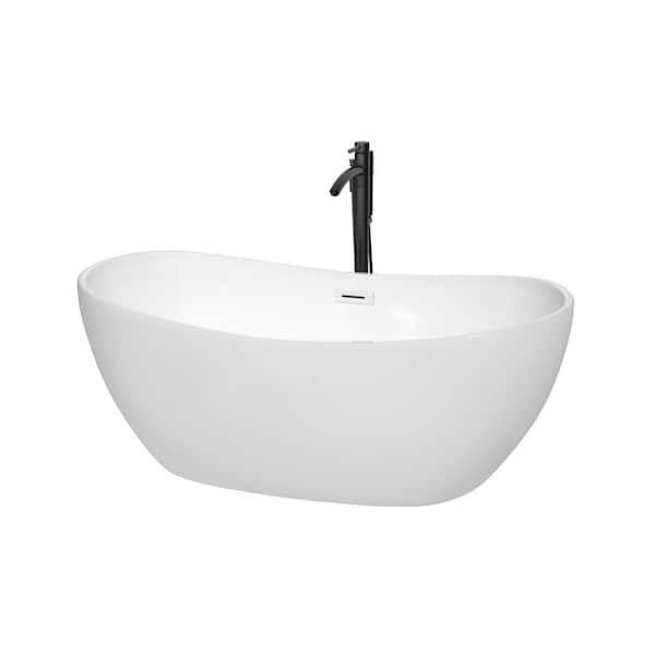 Wyndham Collection Rebecca 60 in. Acrylic Flatbottom Bathtub in White with Shiny White Trim and Matte Black Faucet