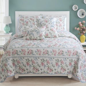 Romantic Floral Narcissus 3-Piece Soft Pink Blue Green Botanical Flower Garden Cotton King Quilt Bedding Set