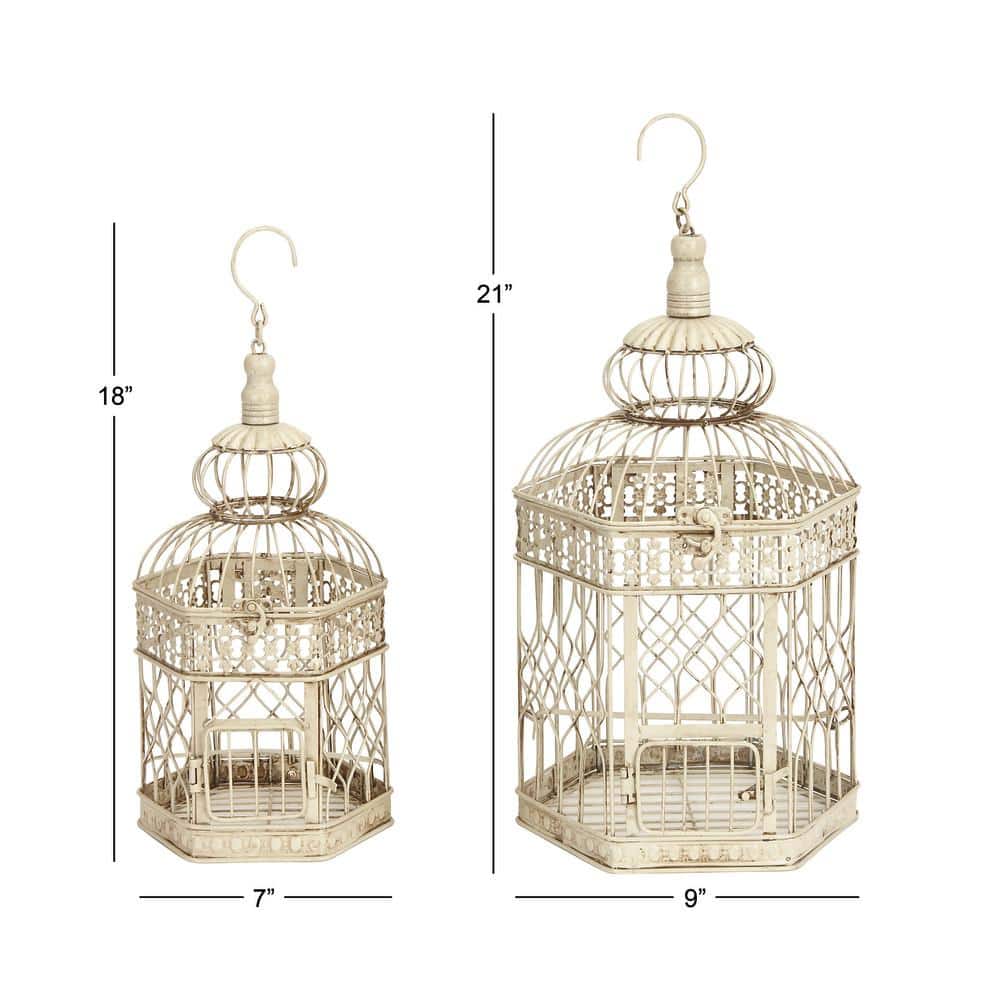 Cream Metal Birdcage Set with Floral Embossed Design, 21" and 18"