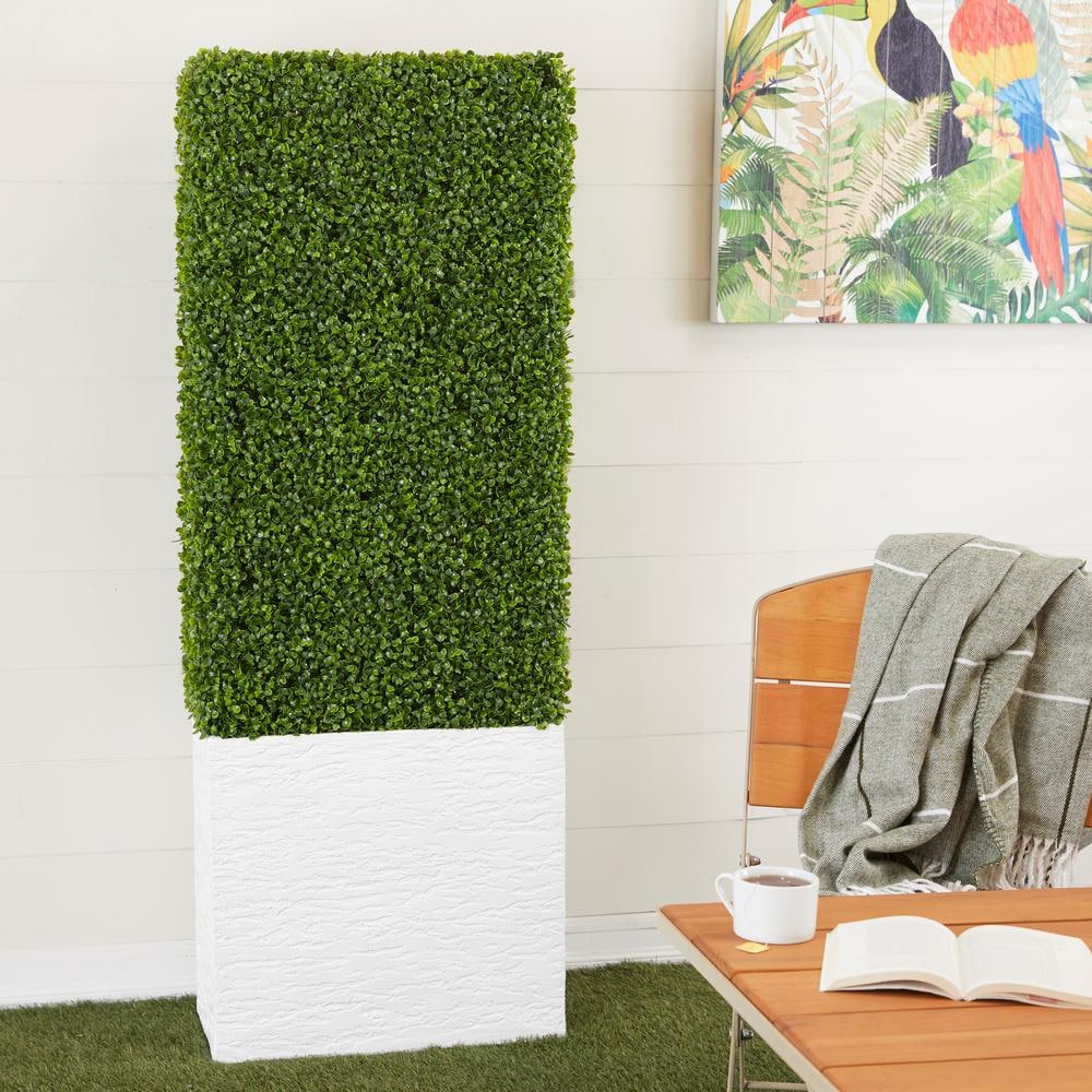 DecMode 59  Tall Boxwood Hedge Artificial Topiary in Realistic Leaves and White Fiberglass Planter Box