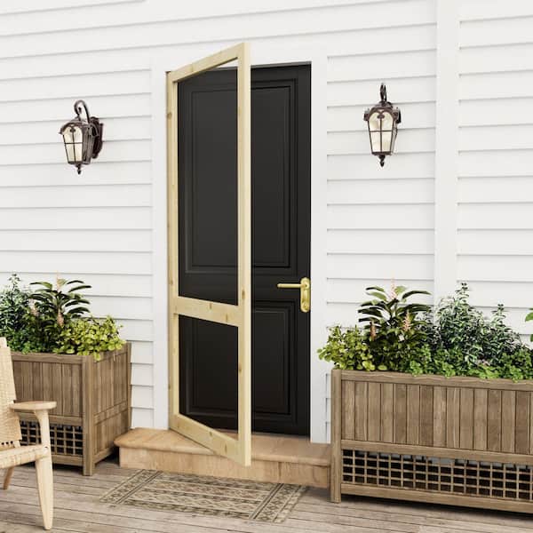 32 in. x 80 in. 2-Lite Single Universal Paneled Railing Style Unfinished Pine Wood and Gauze Mesh Hinged Screen Door