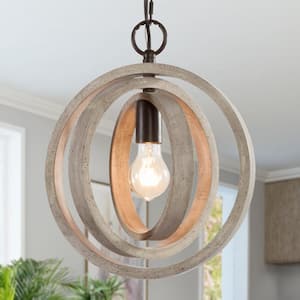 Farmhouse Distressed White Wood Chandelier 1-Light Rustic Island Round Pendant Light for Kitchen Living Room