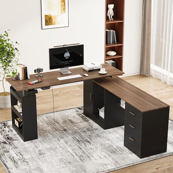 FUFU&GAGA 63 in. W L-Shape Black & Wood Grain Wooden 3-Drawer Adjustable Height Writing Desk, Computer Desk with 5-Shelf & 1 Door