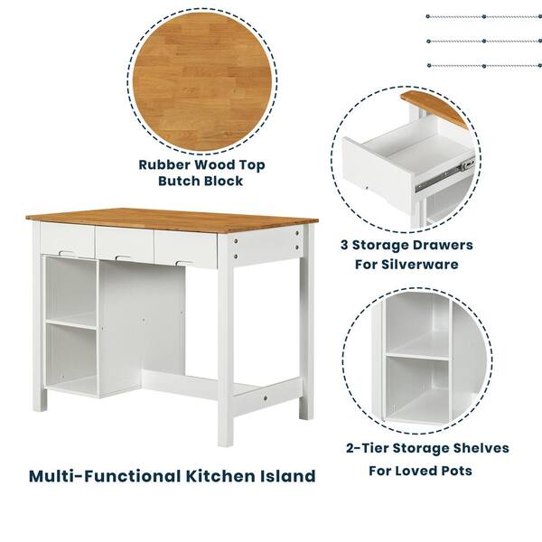 3-piece White Rubber Wood 45 in. Kitchen Island Set with 2