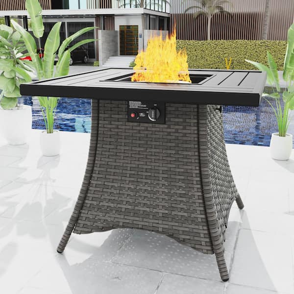 31.7 in. Gray Wicker Fire Pit Table Outdoor Patio Propane Gas Firepit with Metal Table Cover