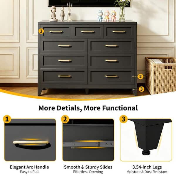 Black Metal 9 Drawer 52 in. Wide Space-Saving Chest of Drawers, Storage Cabinet for Bedroom, Living Room, Entryway