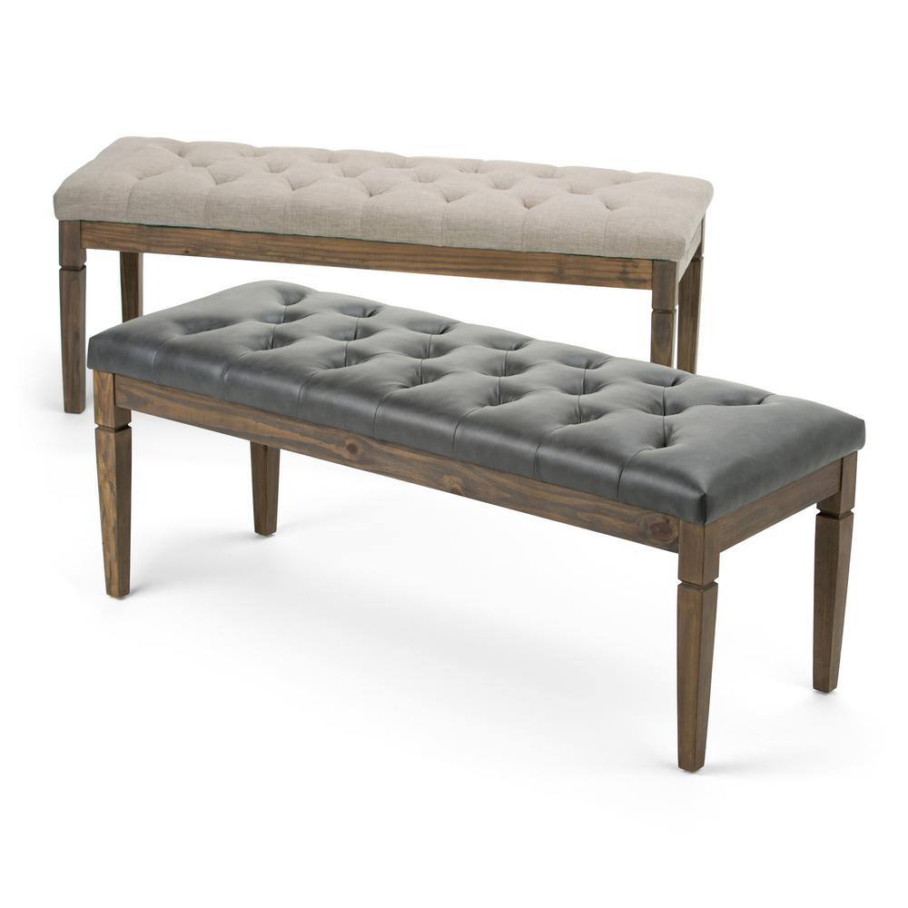 Elegant Natural Linen Tufted Pine Wood Rectangular Bench Ottoman