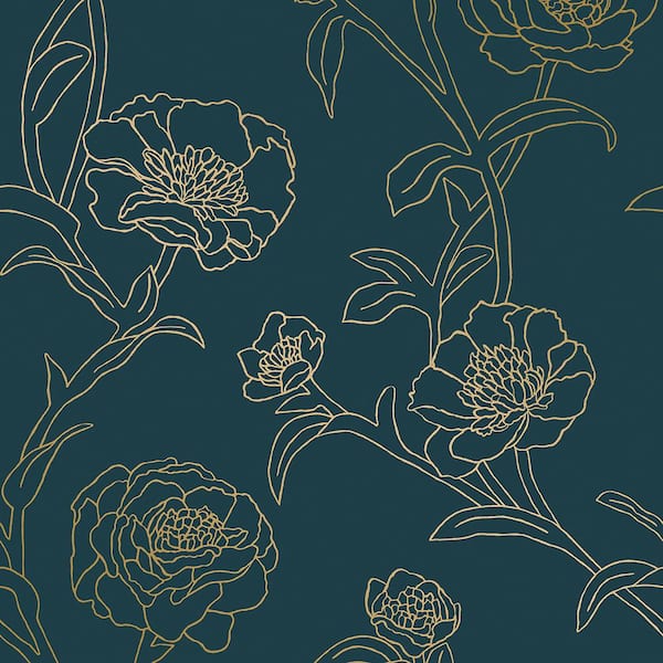 Tempaper Peonies Peacock Blue & Gold Peel and Stick Wallpaper (Covers 28 Sq. Ft.)