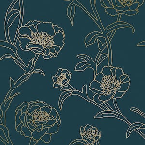 Peonies Peacock Blue & Metallic Gold Peel and Stick Wallpaper (Covers 56 Sq. Ft.)