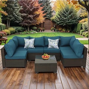 Brown 7-Piece Wicker Outdoor Sectional Set with Peacock Blue Cushions, Two Pillows and Coffee Table