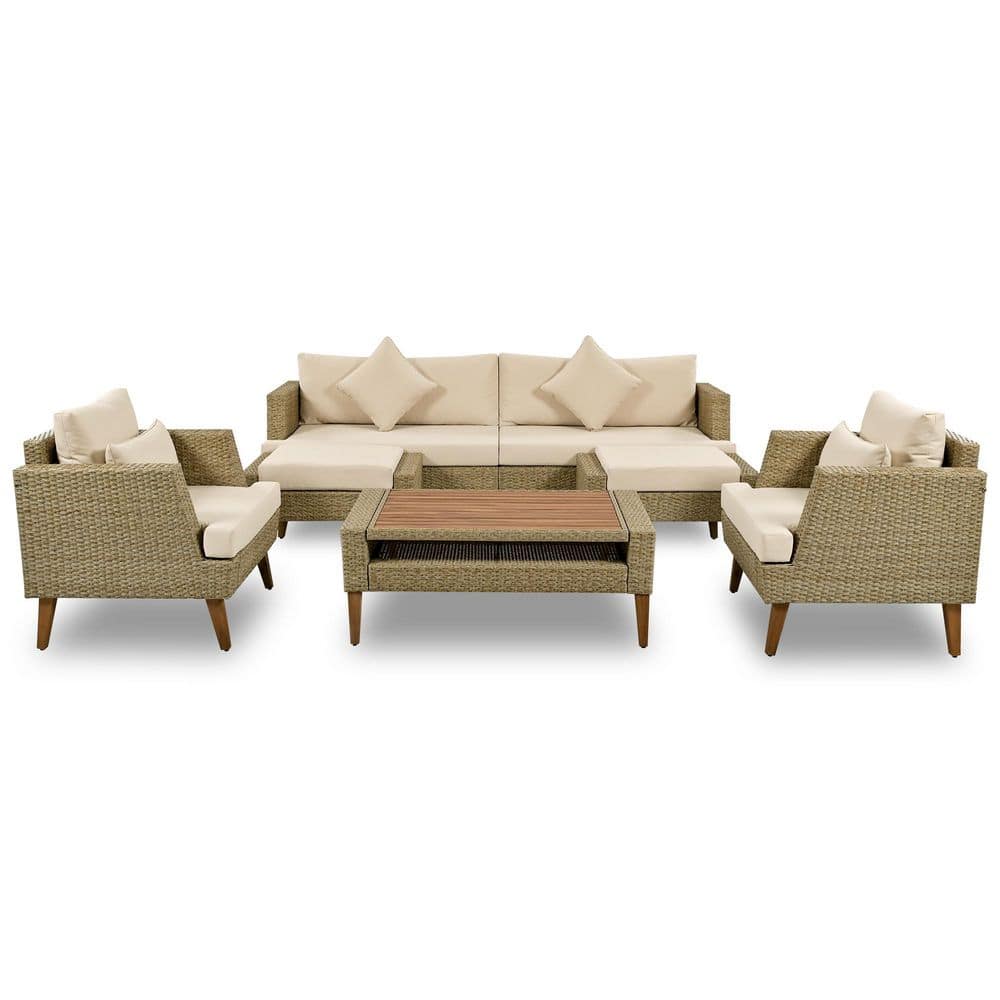 6-Pieces Brown Wicker Outdoor Conversation Set with Double Beige Cushions and Wood Legs Wood Table Top price history on PriceWatchPro
