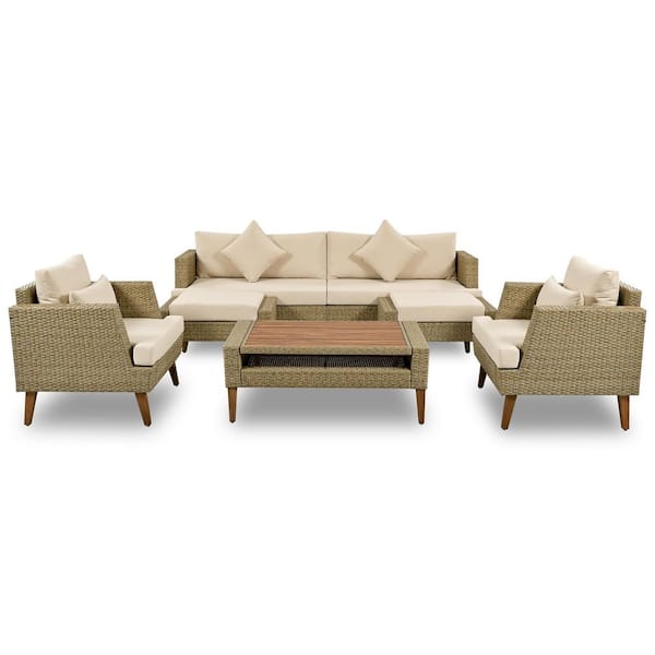 6-Pieces Brown Wicker Outdoor Conversation Set with Double Beige Cushions and Wood Legs Wood Table Top
