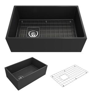Contempo Farmhouse Apron Front Fireclay 30 in. Single Bowl Kitchen Sink with Bottom Grid and Strainer in Matte Dark gray