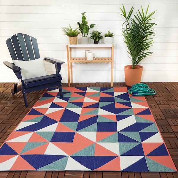 Geo Multi-Color Pink 8 ft. x 10 ft. Geometric Indoor/Outdoor Patio Area Rug