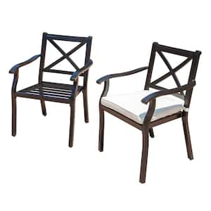 2-Piece Black Cast Aluminum Outdoor Dining Chairs with Ivory Cushions