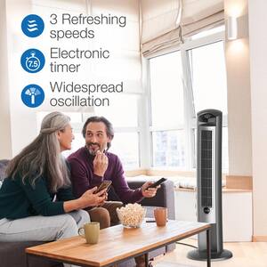 Wind Curve 42 in. 3-Speed Oscillating Platinum Tower Fan with Fresh Air Ionizer and Remote Control